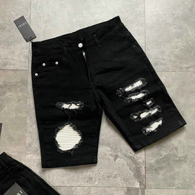 Quần short jean nam ngắn đen rách khóa kéo lệch thêu logo mẫu mới đẹp,chất jean co giãn tốt