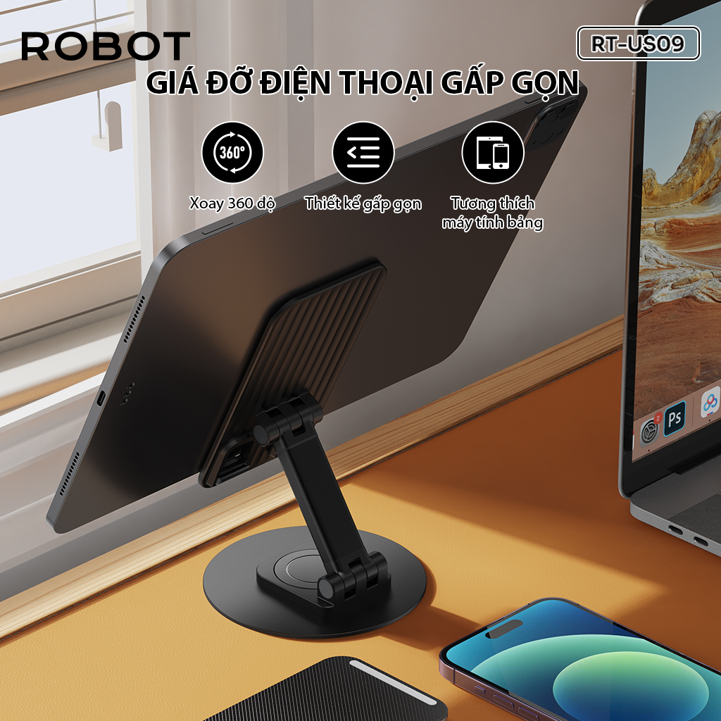 Giá Đỡ Điện Thoại Máy Tính Bảng ROBOT RT-US09 Gấp Gọn Điều Chỉnh Linh Hoạt Xoay 360 Độ