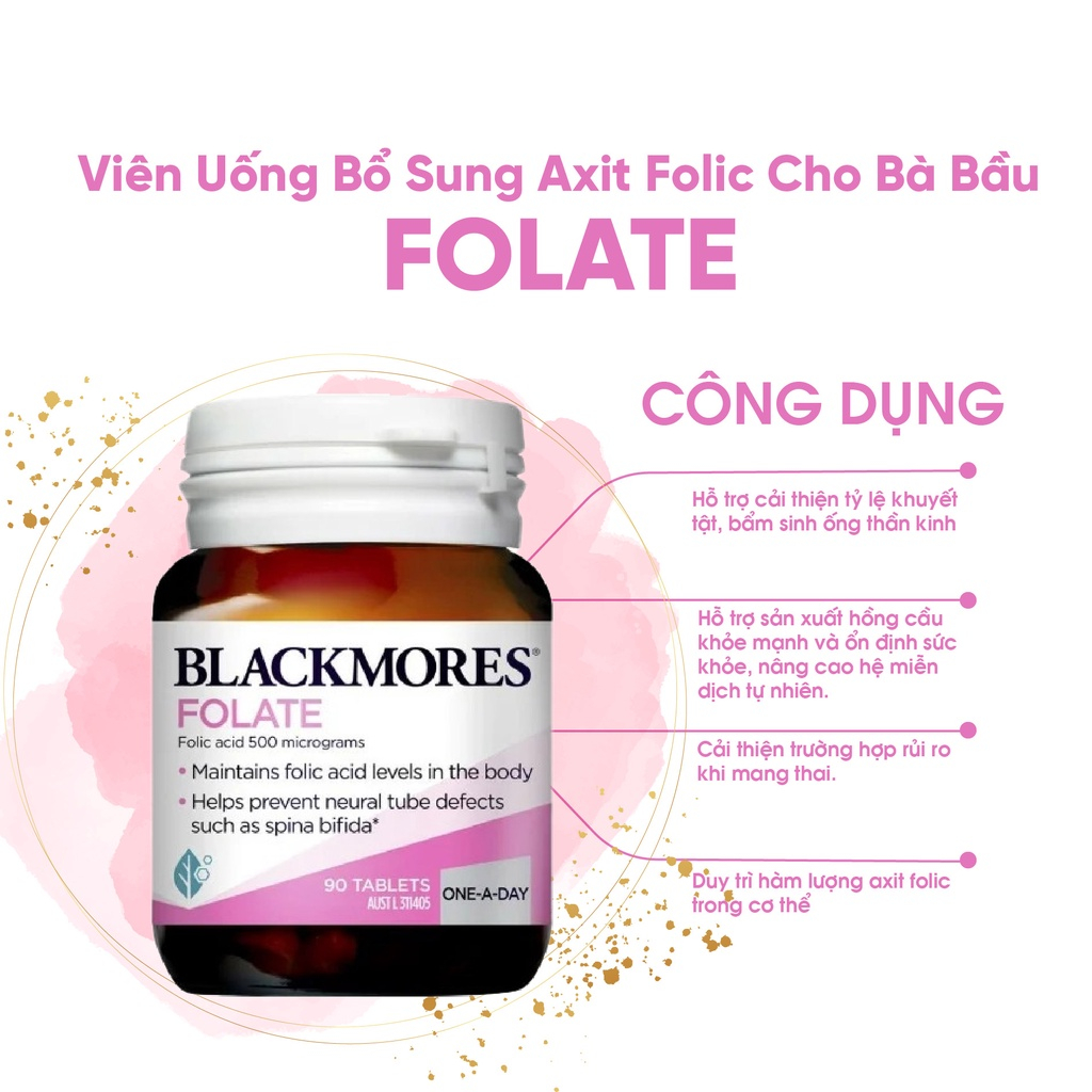 Acid folic Blackmores Folate 90 viên bổ sung axit folic giúp phòng tránh dị tật thai nhi