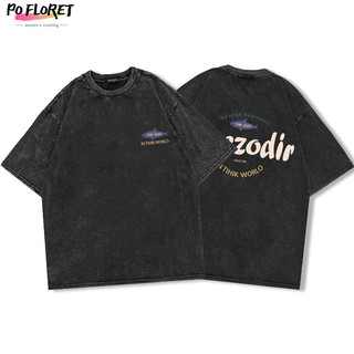PO FLORET Áo thun unisex rộng vintage letters in áo phông nữ 100% Cotton Phong cách retro t shirt
