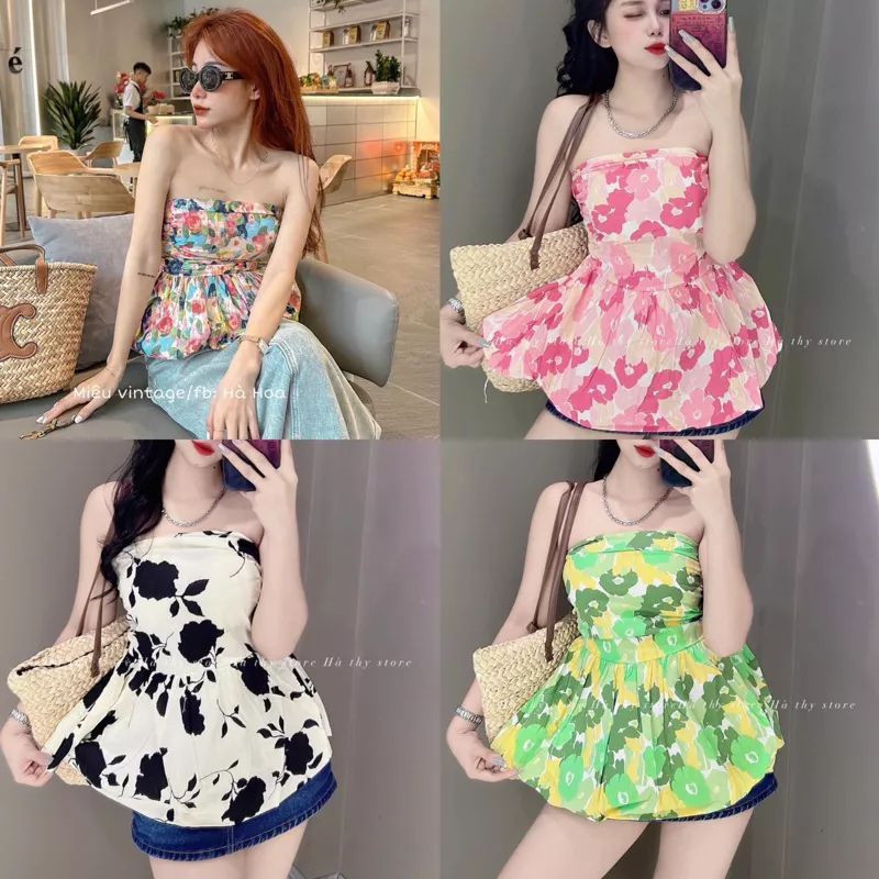 Áo Kiểu Dáng Phồng Cúp Ngực Họa Tiết Hoa Có Mút Đệm Ngực