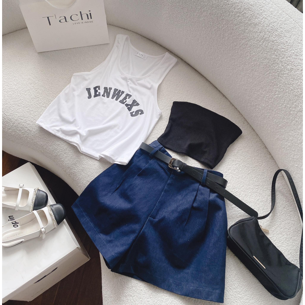 SET ÁO 3 LỖ TRẮNG CHỮ + ÁO ỐNG ĐEN + SHORT XANH KÈM BELT