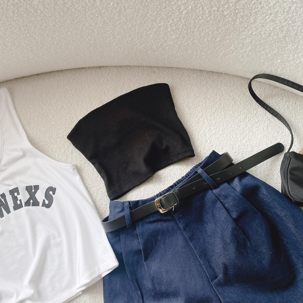 SET ÁO 3 LỖ TRẮNG CHỮ + ÁO ỐNG ĐEN + SHORT XANH KÈM BELT