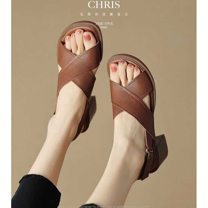 Sandal hàng quảng châu da mềm quai chéo gót vân gỗ 5 phân đẹp chắc chắn kết hợp đồ dễ