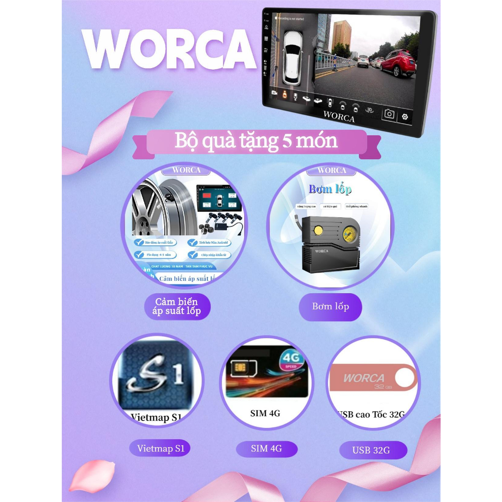 Màn hình ô tô liền camera 360 WORCA TS-500 Chip 8 Nhân RAM 2GB + 32GB/Màn hình 360 độ cho xe ô tô
