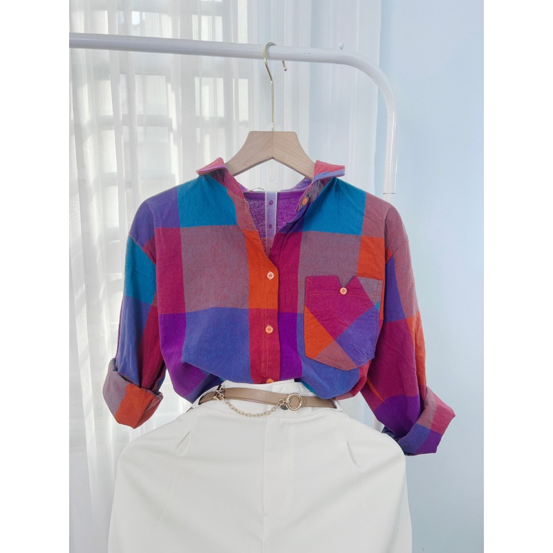 Áo Sơmi Nữ Caro Chất Cotton Form Rộng Phong Cách Hàn Quốc