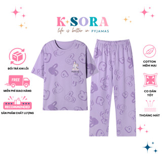 Bộ mặc nhà nữ mùa hè K-SORA quần dài áo cộc chất Cotton thoáng mát thấm hút mồ hôi A1