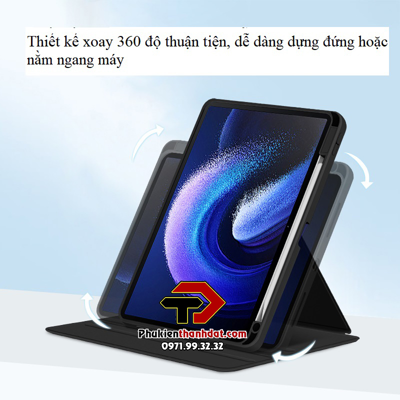 Bao da xoay 360° độ cho Xiaomi Pad 6, Xiaomi Pad 6 Pro chống sốc, có ngăn đựng bút