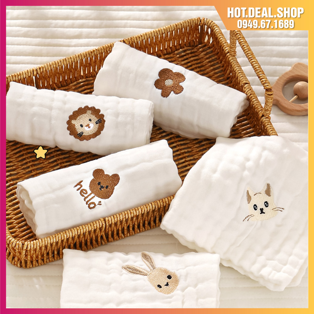 Khăn sữa cho bé 6 lớp cao cấp, chất liệu cotton an toàn siêu mềm, khăn mặt cho bé mầm non mềm mại thấm hút tốt