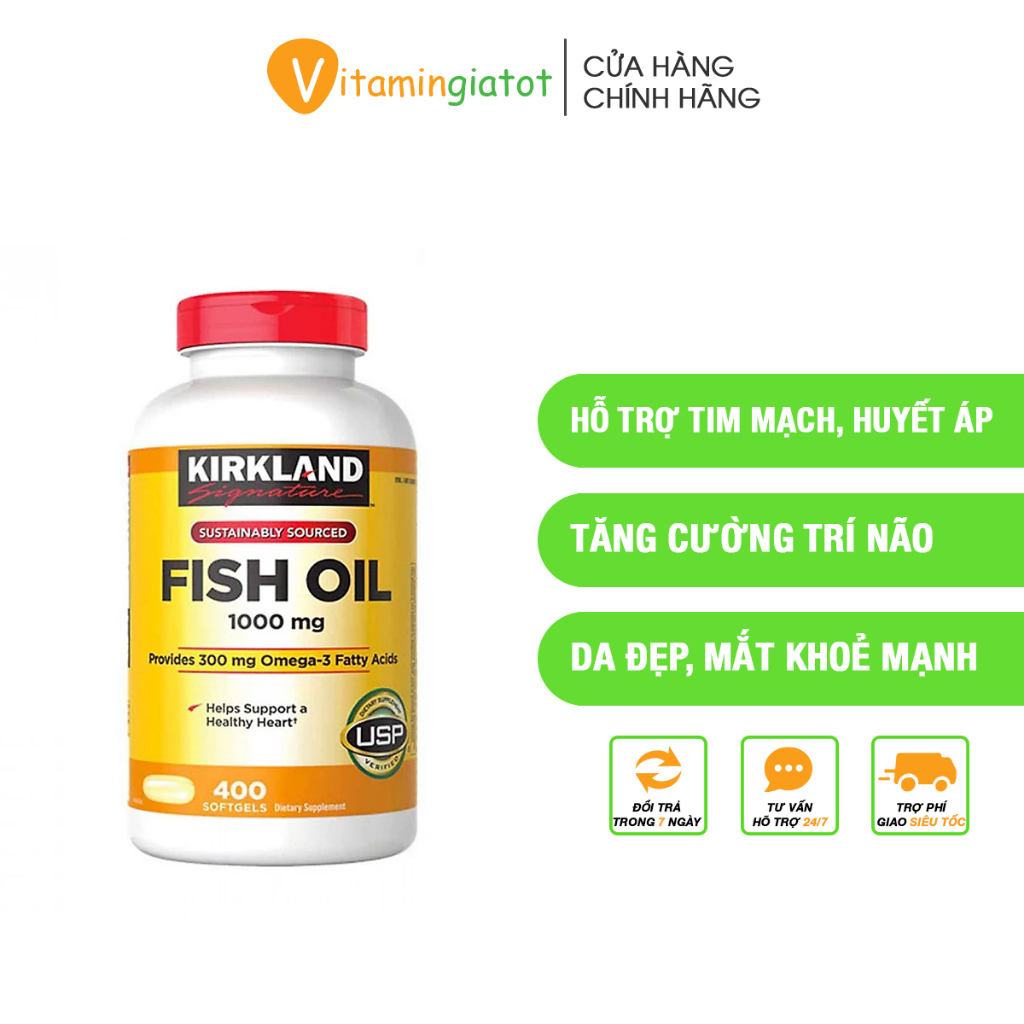 Viên uống dầu cá Kirkland Hỗ trợ tim mạch Fish Oil Mỹ 1000mg 400 Viên V00201