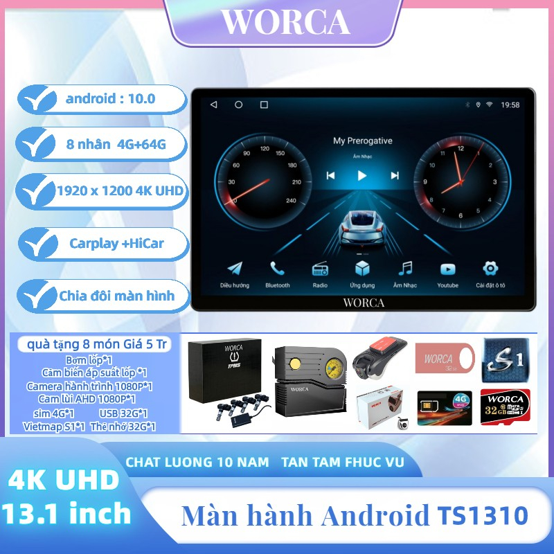 Màn Hình Android Ô TÔ WORCA 13.1 inch/ Chip 8 Ram 4G+64G SIM4G/IPS/DSP/2.5D/Carplay/Chia đôi màn hình 4K UHD