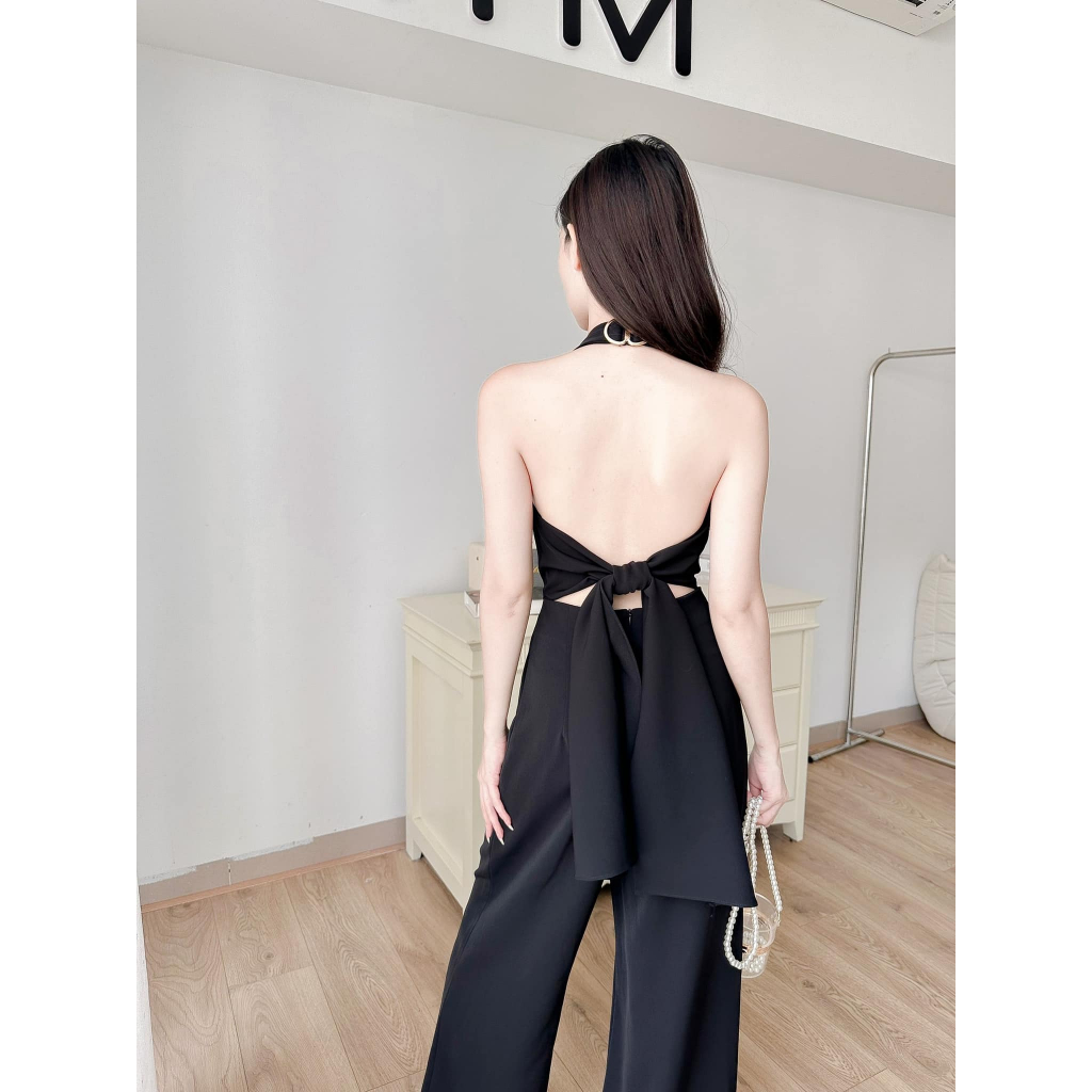 MYAN DESIGN Jumpsuit Cổ Yếm Hở Lưng Buộc Nơ Kèm Quần Suông Ống Rộng Hack Dáng Vải Chéo Hàn Mềm Mịn Khóa Sau QVN062301