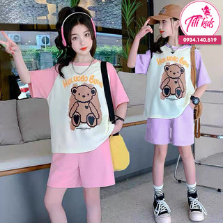 Bộ quần áo cho bé gái đũi gấu nâu mẫu màu hồng, tím Titikids - S249