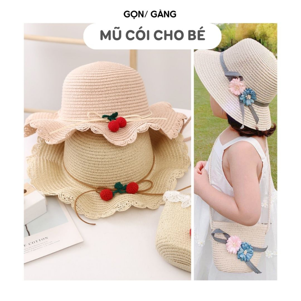 Mũ cói cho bé 2 - 6 tuổi có dây đeo nón chống nắng đi biển vành tròn hoạt hình đáng yêu cute