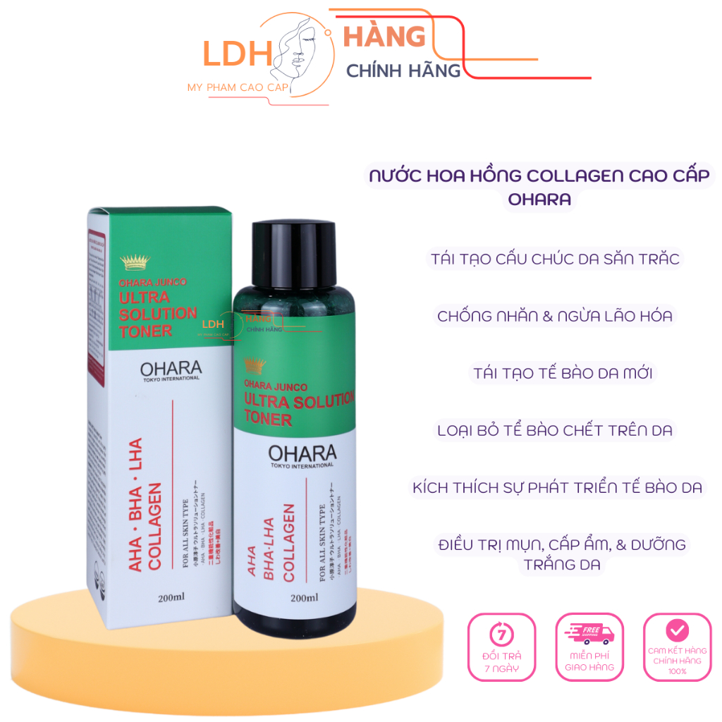 Nước hoa hồng toner OHARA AHA+BHA+Collagen+ lão hóa da 200ml