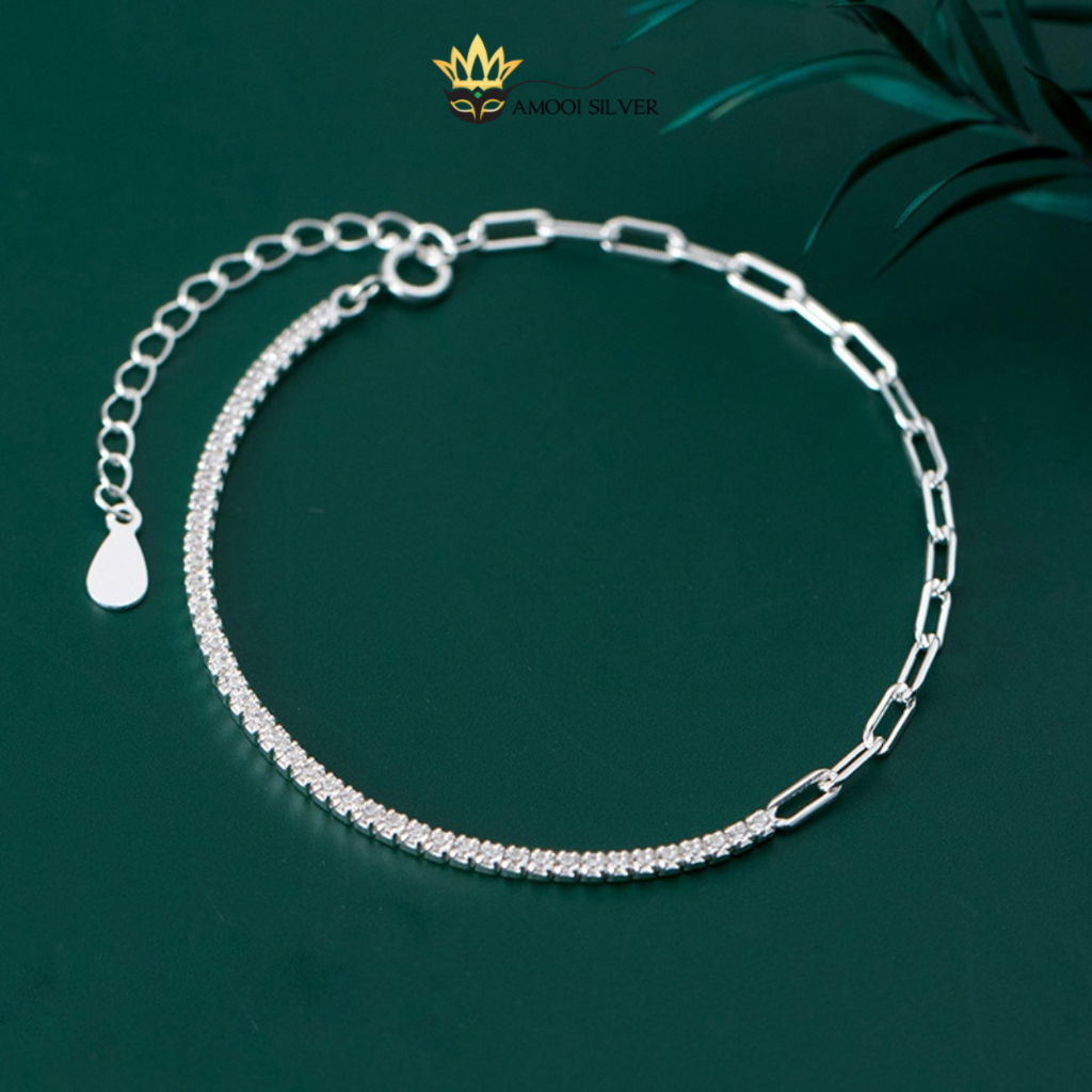 Lắc tay bạc S925 nạm đá 1 bên xích - Amooi Silver AT73