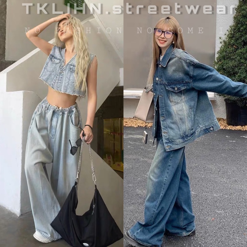 (SẴN) TKLIHN Set áo khoác JEANS mix quần Jeans ống rộng Loang màu ULZZANG cá tính HOT FASHIONITA 2023