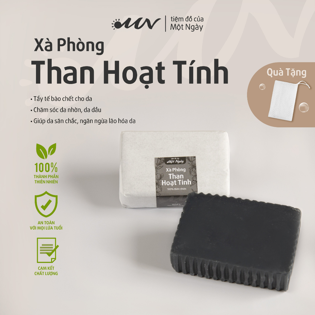 XÀ PHÒNG DỪA THAN HOẠT TÍNH TẨY TẾ BÀO CHẾT 100% NGUYÊN LIỆU THIÊN NHIÊN - GIẢM NHỜN SÁNG DA – 100GR TẶNG TÚI LƯỚI TẠO