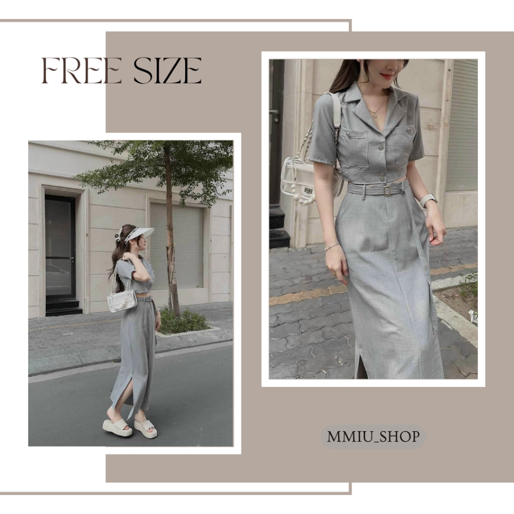 Sét đồ nữ 2 món áo cổ vest kèm chân váy có đai cài nút năng động thích hợp đi chơi