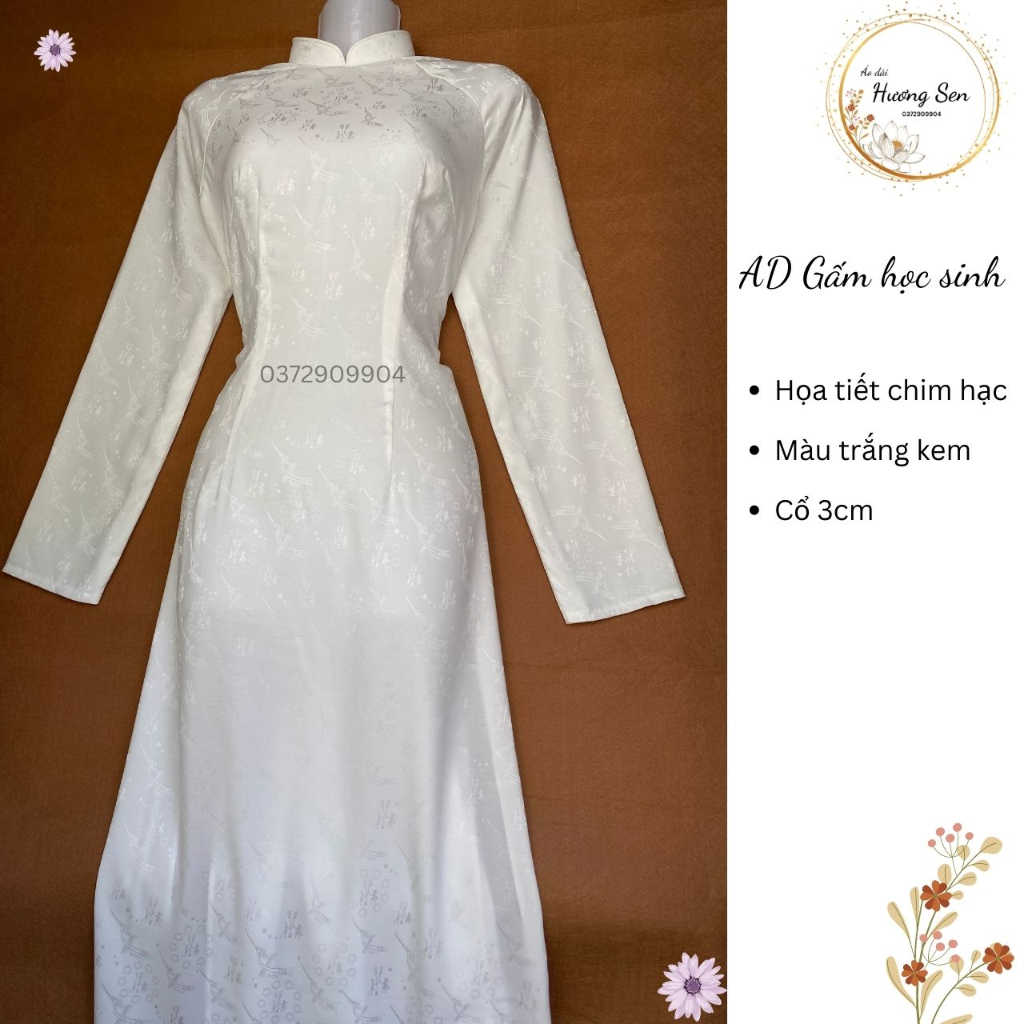 Áo dài gấm học sinh họa tiết chim hạc