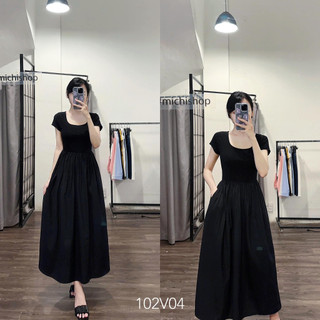 Váy midi cổ vuông ngắn tay màu đen - 102V04