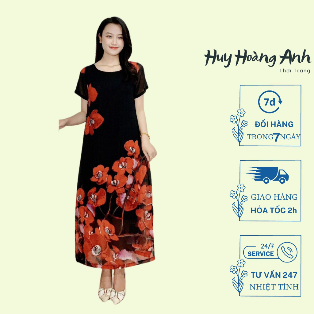 Đầm Trung Niên Sang Trọng Cao Cấp Đẹp Huy Hoàng Anh,Váy Nữ Cho Mẹ Lụa Dự Tiệc Công Sở Trên 30,40 Tuổi Qua Gối Xòe MX89