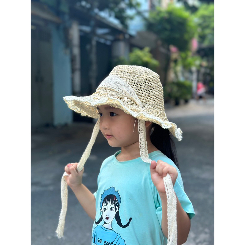Mũ Cối Đi Biển Dây Ren Dài Siêu Cưng Cho Bé Gái