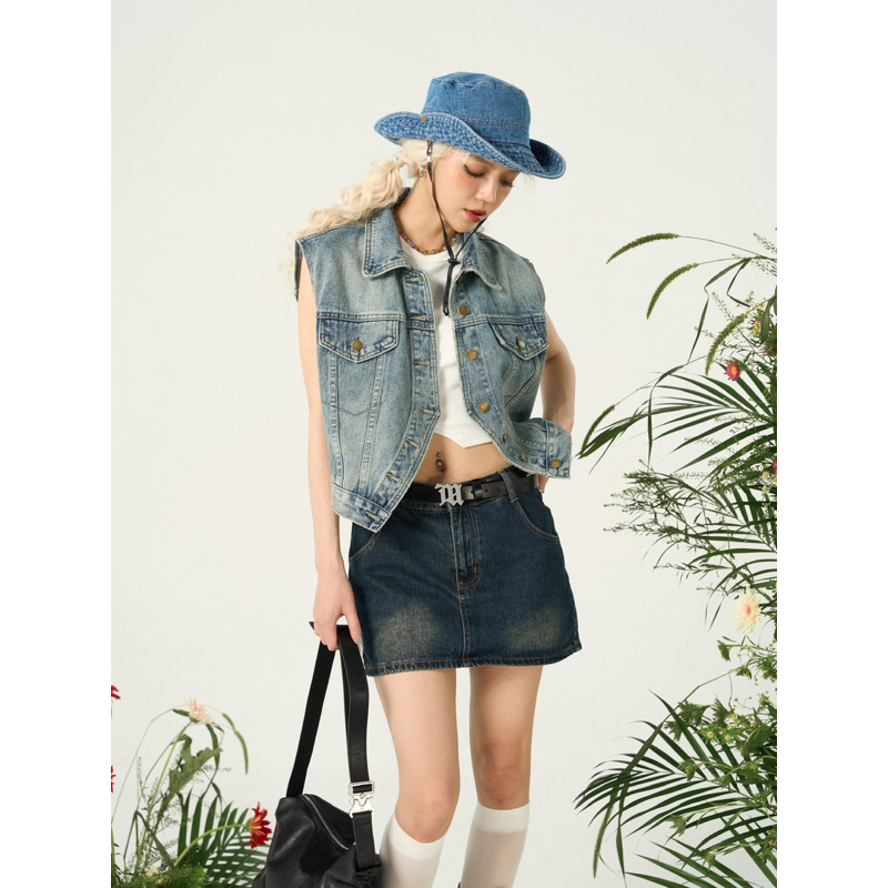 Áo gile denim cúc áo dưới xẻ - 7631