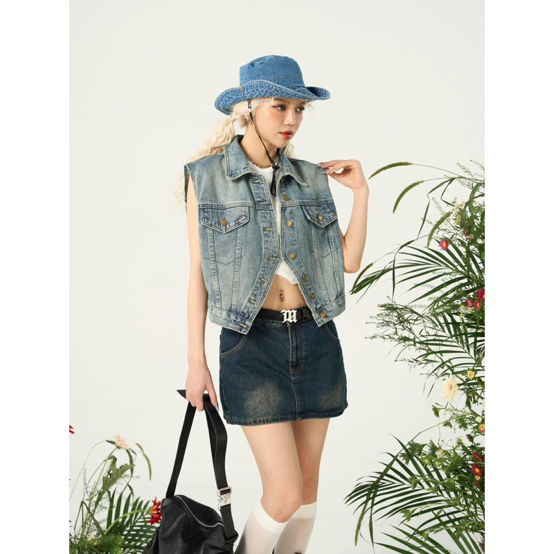Áo gile denim cúc áo dưới xẻ - 7631