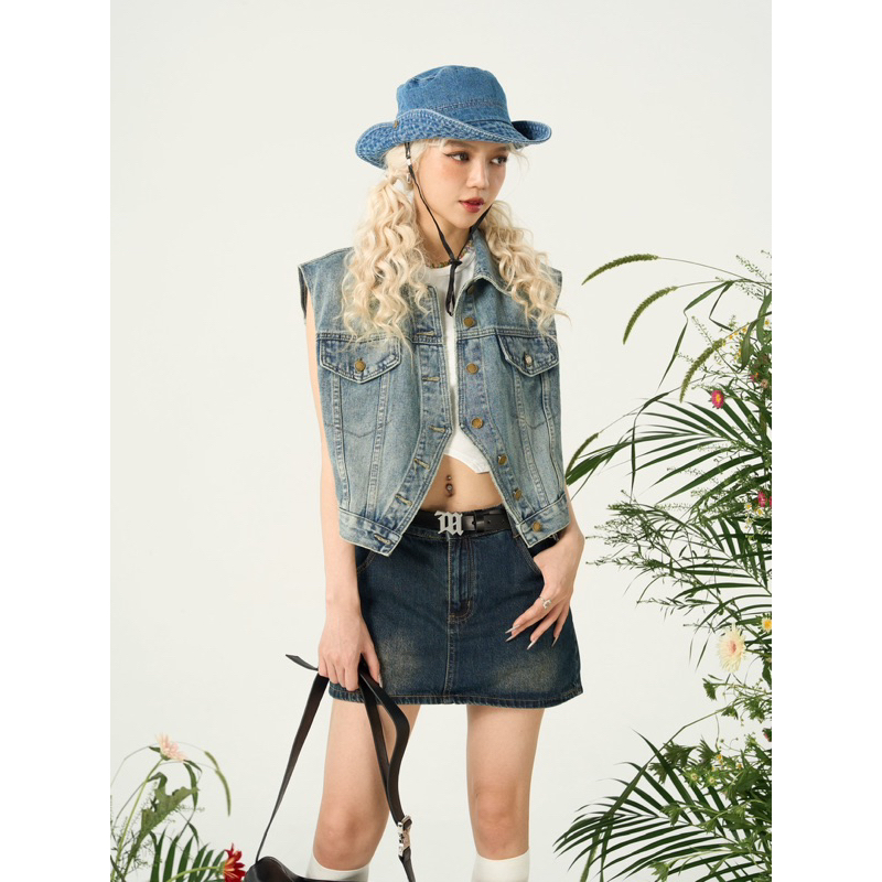 Áo gile denim cúc áo dưới xẻ - 7631