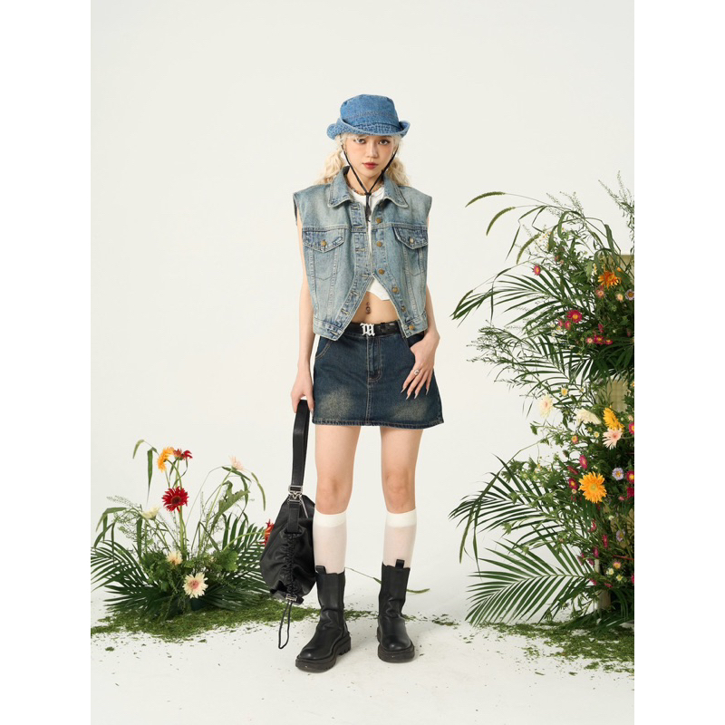 Áo gile denim cúc áo dưới xẻ - 7631