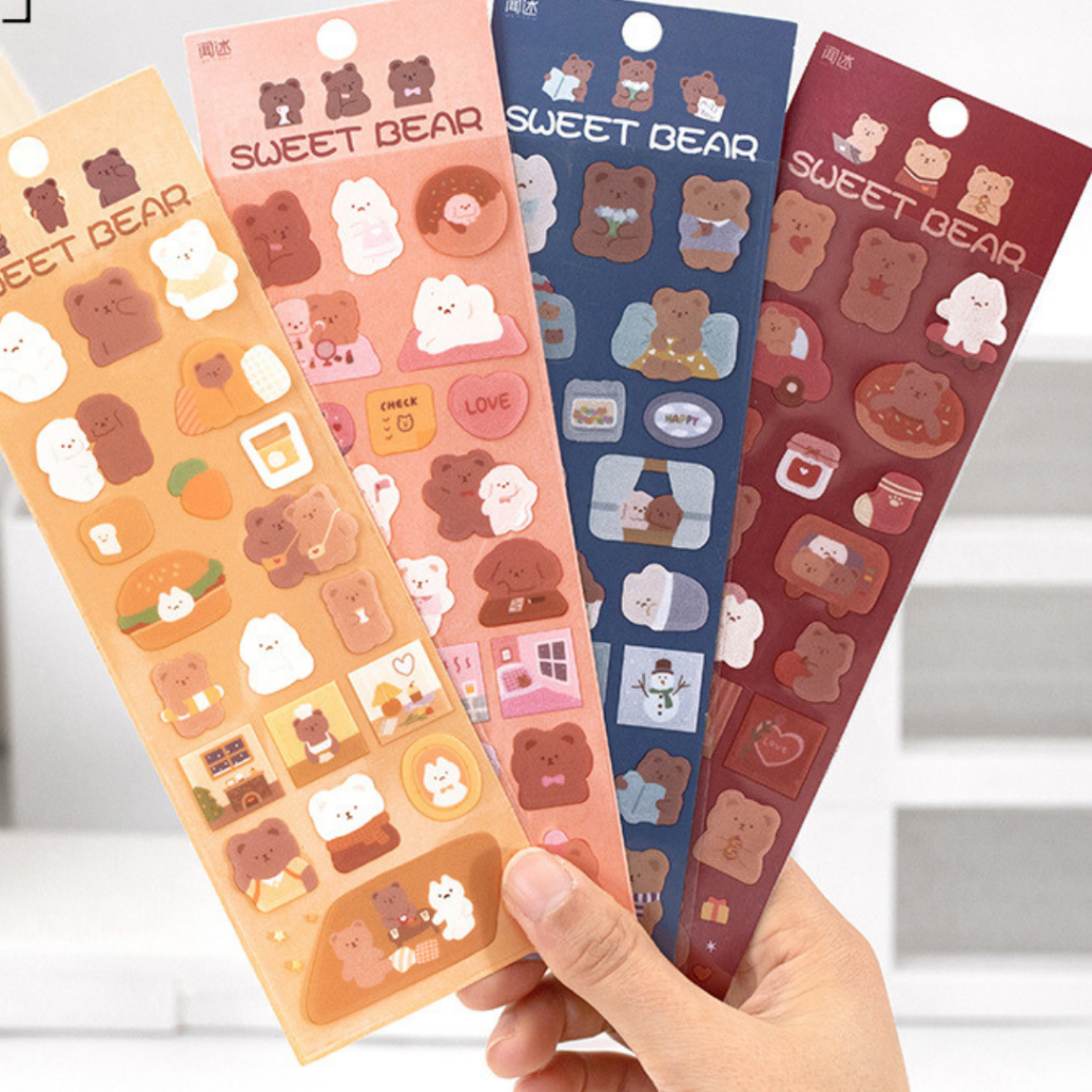 Stickers - Set 2 Tờ Stickers SWEET BEAR Chất Liệu Nhựa PET Chống Nước Cực Đáng Yêu