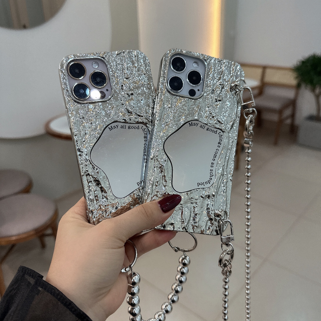 Ốp lưng Ai Fôn giấy nhăn gương soi may all kèm vòng đeo 7plus 8plus x xsmax 11 11promax 12promax 13promax 14promax 13