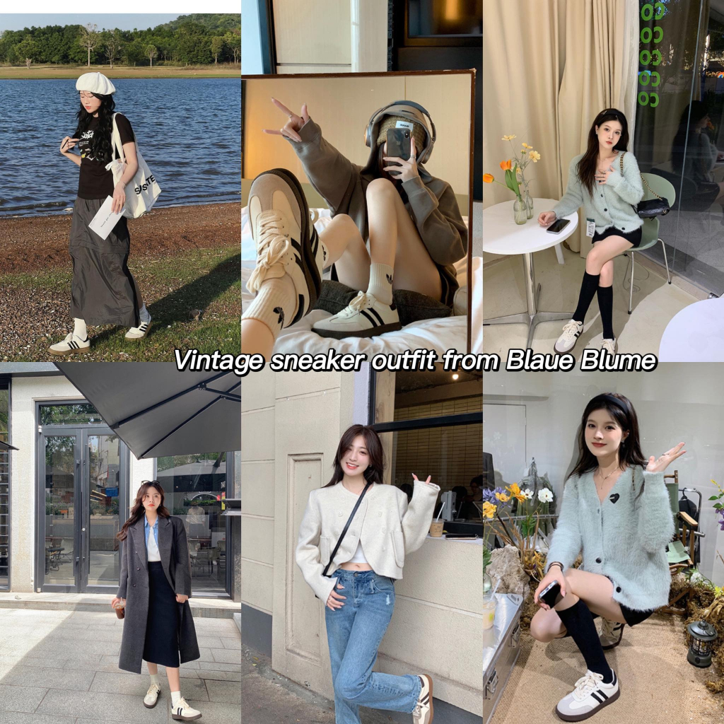 𝐁𝐥𝐚𝐮𝐞𝐁𝐥𝐮𝐦𝐞🦋  + Tặng Tất) Giày vintage sneaker - Giày thể thao ba sọc - Giày buộc dây Hàn Quốc