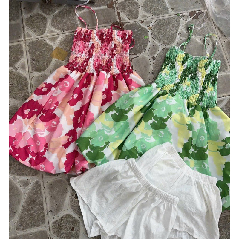 Đầm Kate Hoa Rực Rỡ Dây Cúp Nhún Ngực Dáng Bí Xoè + Quần Short Trắng
