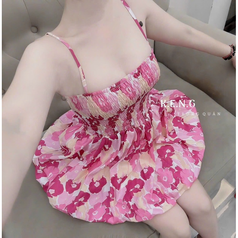 Đầm Kate Hoa Rực Rỡ Dây Cúp Nhún Ngực Dáng Bí Xoè + Quần Short Trắng