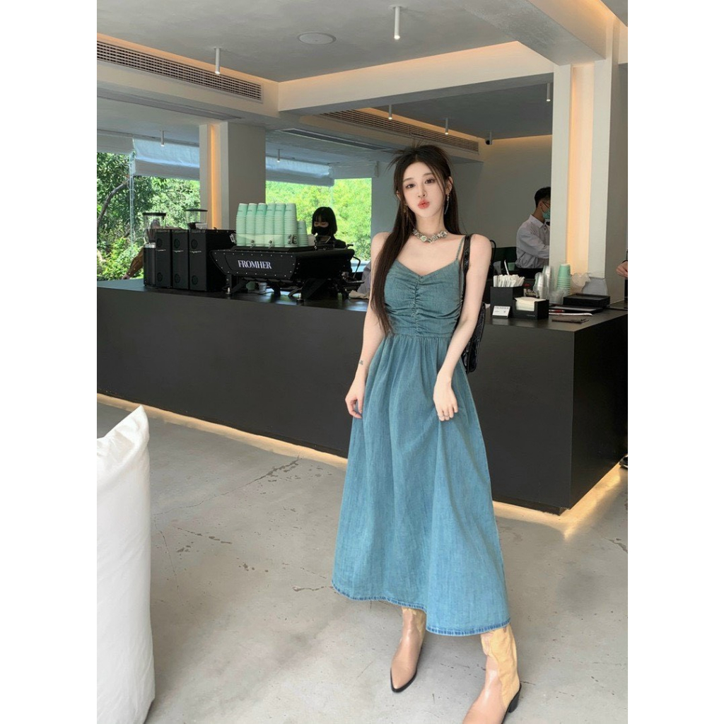 Váy yếm bò dáng dài, váy bò 2 dây dáng dài có tui bên hông