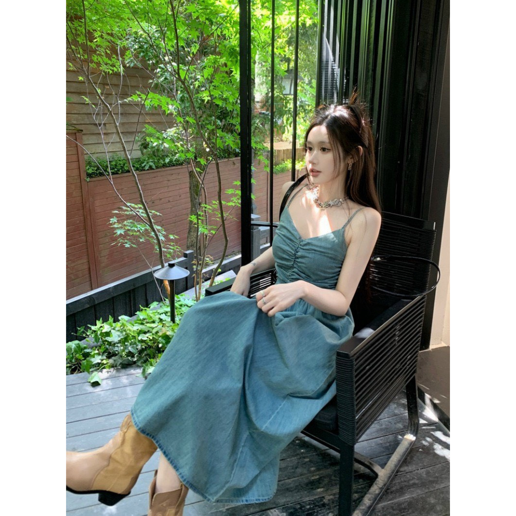 Váy yếm bò dáng dài, váy bò 2 dây dáng dài có tui bên hông