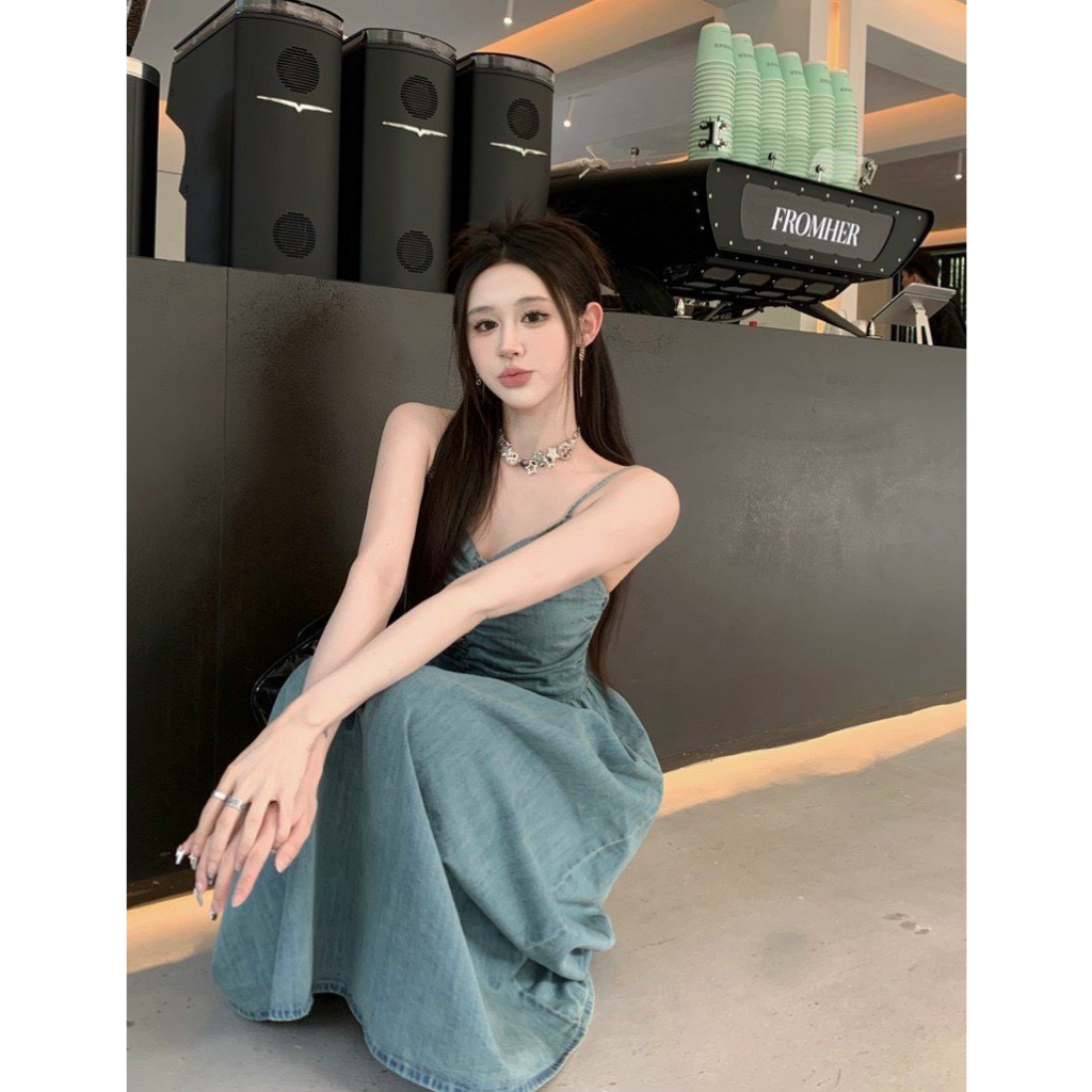 Váy yếm bò dáng dài, váy bò 2 dây dáng dài có tui bên hông