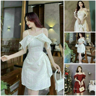 Set váy gấm 2 dây thắt nơ kiểu trễ vai có 3 màu trắng kem đỏ
