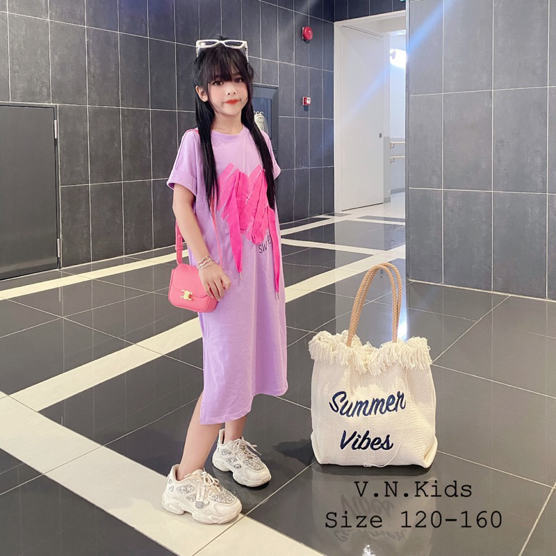 Váy xuông tim hồng đính dây cho Bé đón hè size đại 19kg-45kg