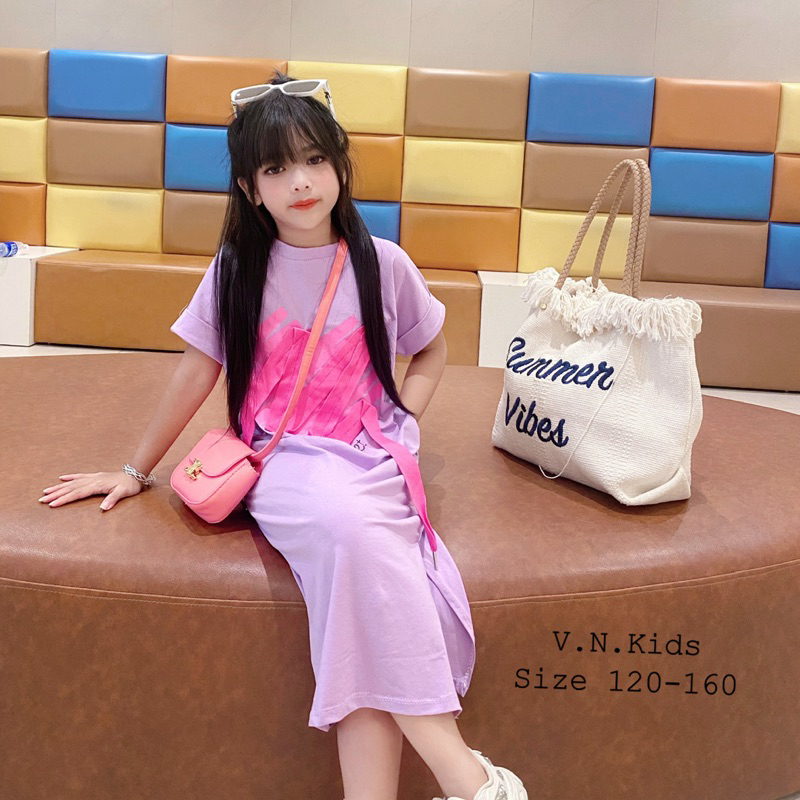 Váy xuông tim hồng đính dây cho Bé đón hè size đại 19kg-45kg