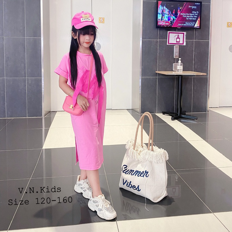 Váy xuông tim hồng đính dây cho Bé đón hè size đại 19kg-45kg