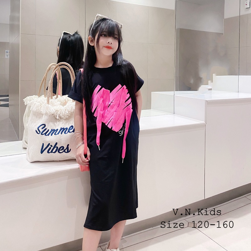 Váy xuông tim hồng đính dây cho Bé đón hè size đại 19kg-45kg