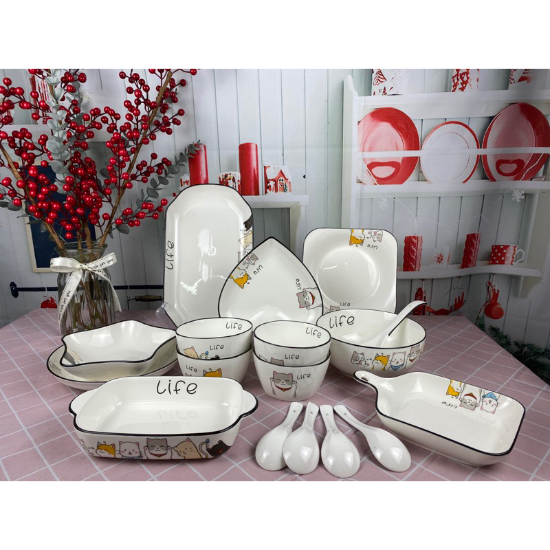 Bộ bát đĩa ăn cơm họa tiết mèo cute siêu dễ thương dành cho 4 người nephouse offcial