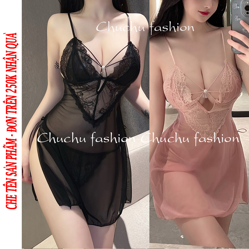 Váy Ngủ Xuyên Thấu Sexy Voan Phối Ren 2 Dây Quyến Rũ Váy Mặc Ở Nhà Chuchufashion VX03