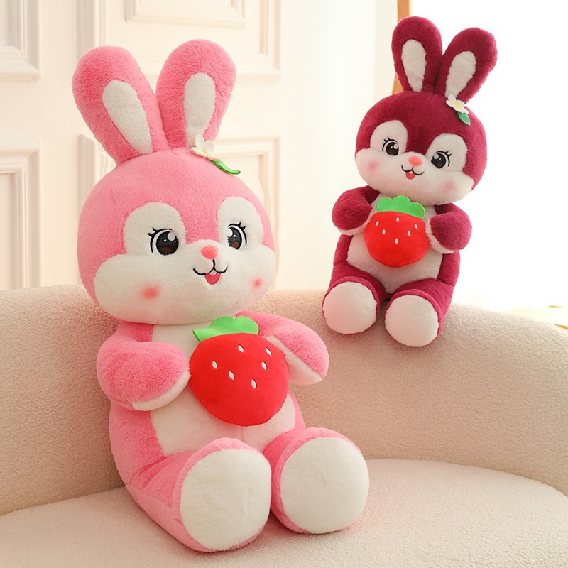 Gấu bông thỏ ôm quả dâu, Thú nhồi bông con thỏ ôm quả dâu đáng yêu - Vải nhung co giãn, bông gòn cao cấp