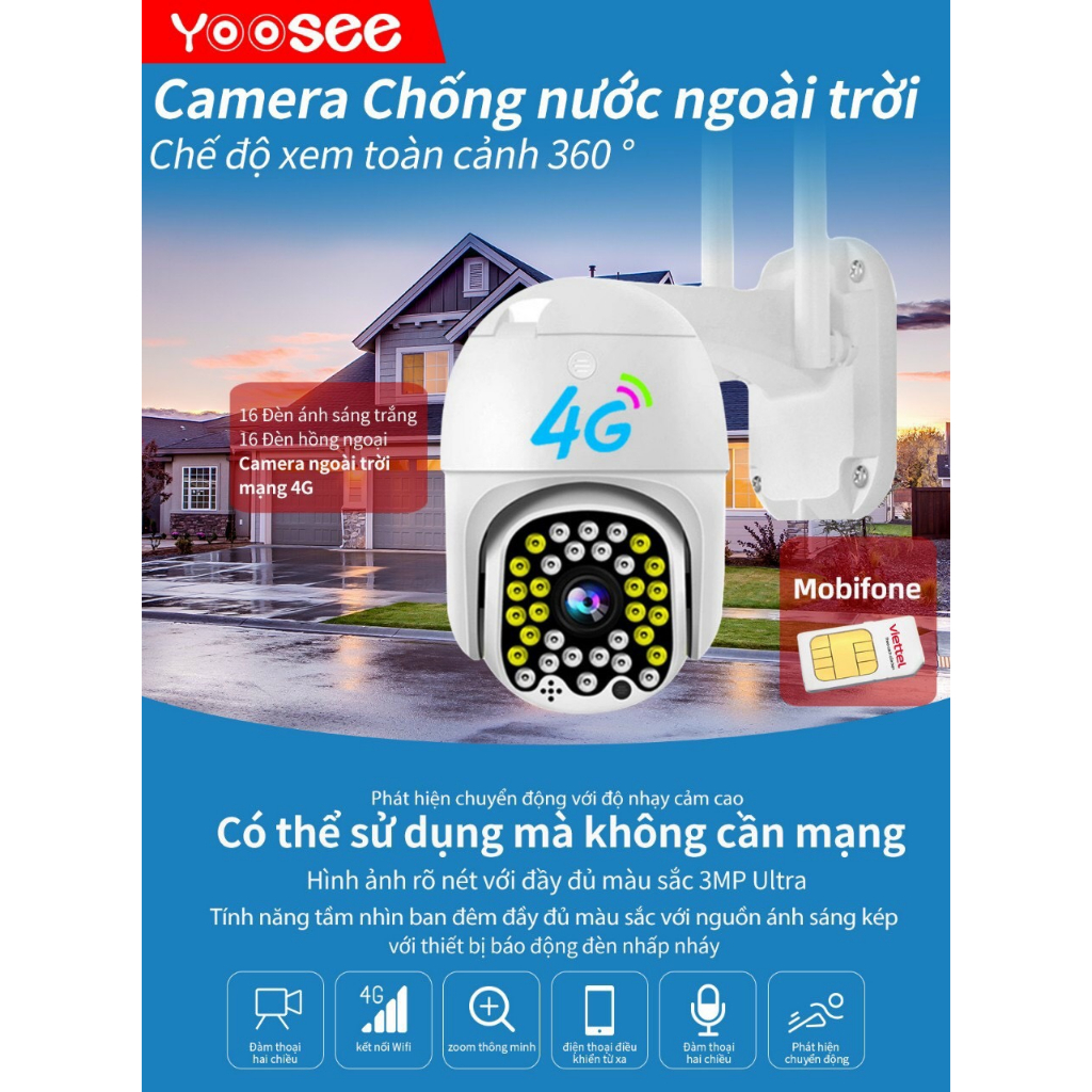 Camera Yoosee Sim 4G| Ngoài trời| 32 LED Siêu Chống Nước | 5.0MP | Quay Đêm Có Màu - Hàng Chính Hãng, Bảo Hành 12 T
