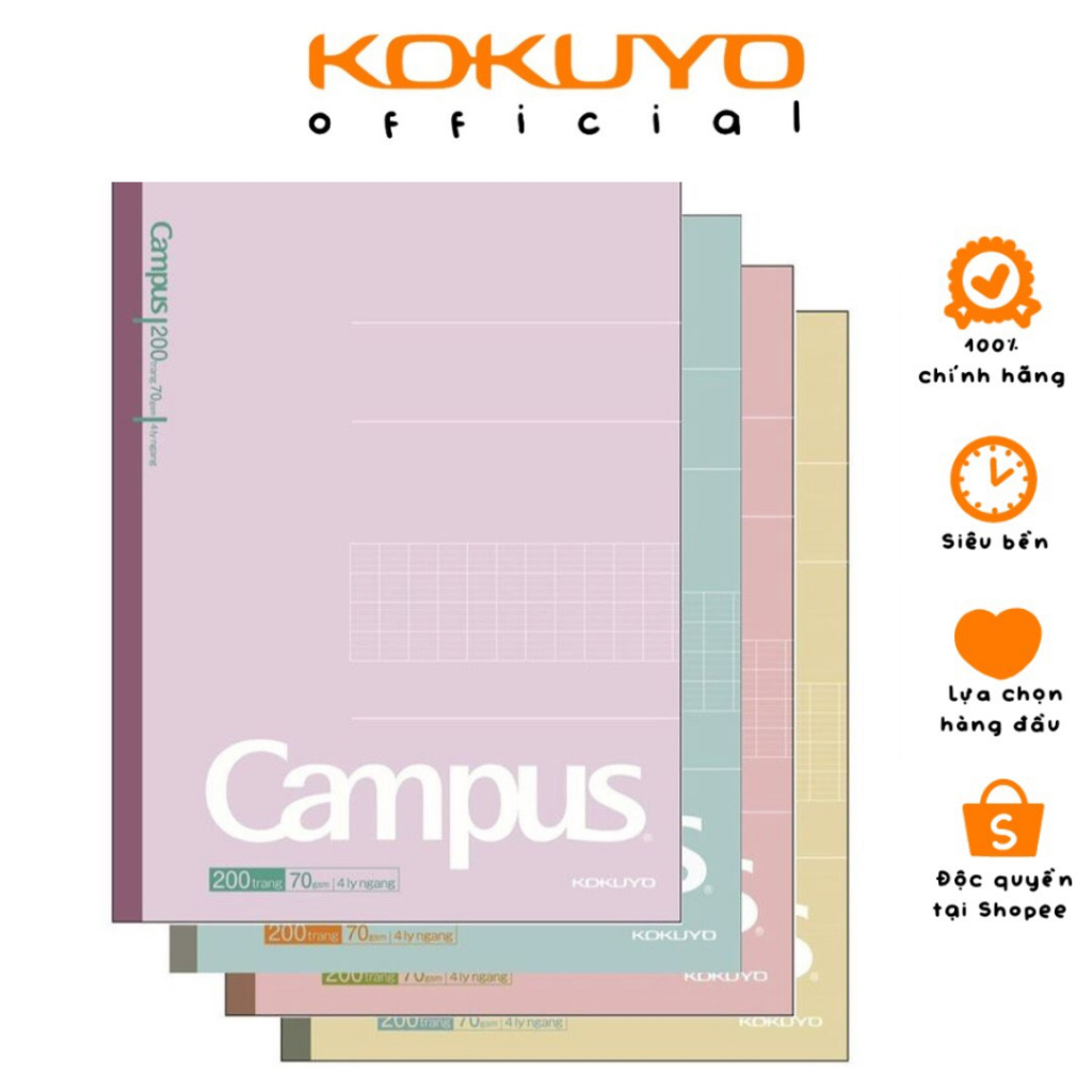 Tập Vở Học Sinh Kẻ 4 Ô Ly Gáy Keo 200 Trang Khổ A5 Kusumi Series Campus Kokuyo