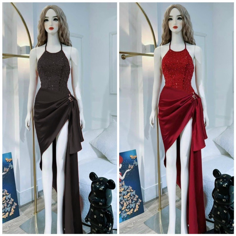 Đầm body dự tiệc cổ yếm phối phi thun lụa xẻ đùi ( không kèm ghim cài )